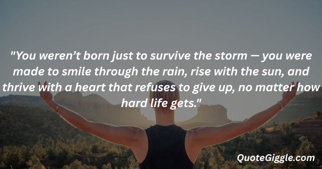 A person standing on a cliff at sunrise with open arms, symbolizing freedom and strength; quote about thriving through life struggles.