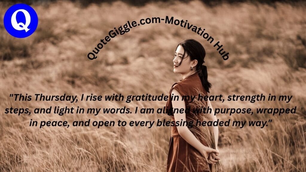 100+ Motivational Thursday Blessings for a Joyful Day 7 Thursday affirmation quote image with a peaceful design, curved “quotegiggle.com – motivation hub” text, and a centered message about gratitude, strength, and positive energy