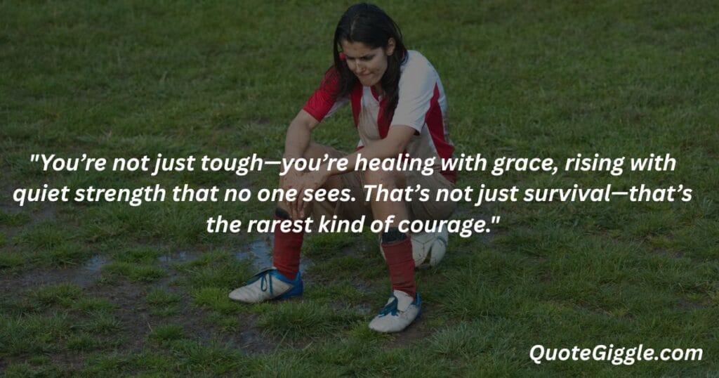 Motivational inspiring quotes for When You Feel Like Life is a Struggle 9 Image of a girl sitting on a football, symbolizing calm strength during struggle, with the quote “You’re not just tough—you’re healing with grace...” by QuoteGiggle.com — perfect for motivational inspiring quotes for when you feel like life is a struggle.