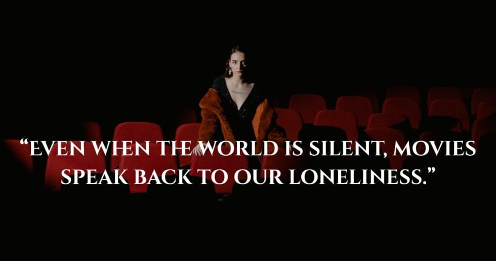 Inspiring Loneliness Quotes To Help You Feel Less Alone 6 A girl stands alone beside empty cinema chairs in a dark theater, softly lit by the movie screen glow, with a loneliness quote on the image.