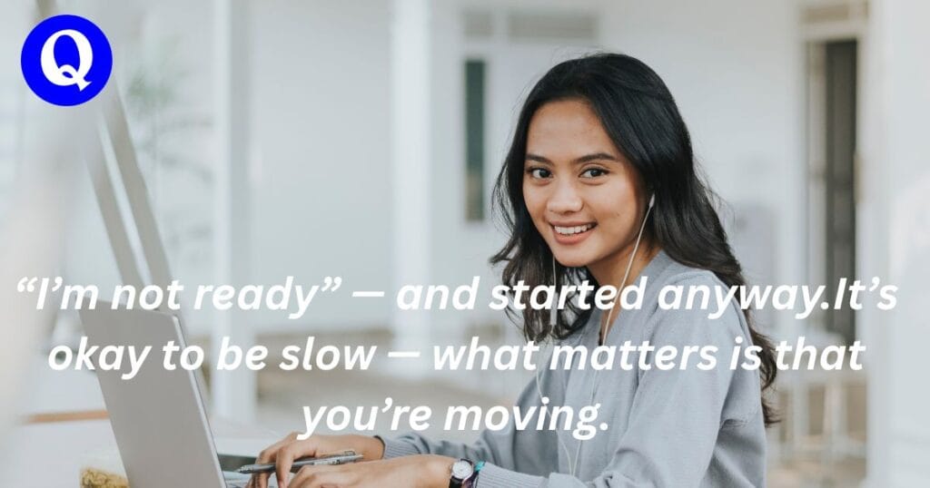 100+Monday Quotes For Motivation To Start Strong 13 “Smiling woman working on laptop with inspirational Monday work quote about mindset and progress — shared by QuoteGiggle.com.”